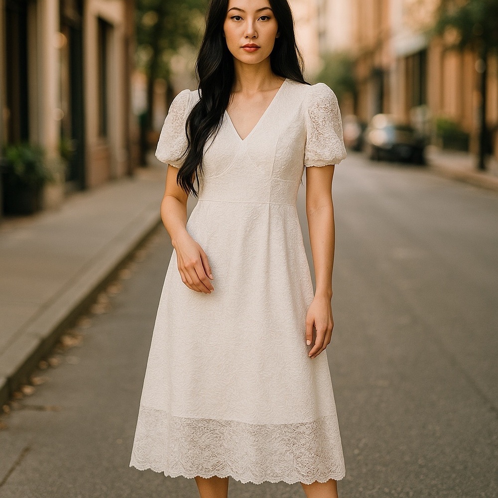 CyperRiver White Lace Floral V-Neck Dress – Women’s Size Small – NWOT